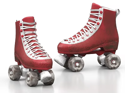 Vintage Red and White Roller Skates with Gray Wheels and Classic Laces 3d model