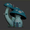 Cute Blue Mushroom House With White Spots Windows Door And Grass Pathway