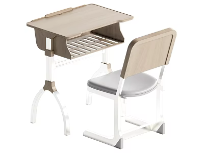 Modern Wooden Study Desk And Chair Set With Metal Frame And Gray Cushion 3d model