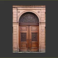 Traditional Wooden Door With Red Brick Frame And Arched Carved Top Design