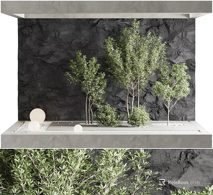 Modern Garden Ornament Arrangement With Lush Green Trees Shrubs Dark Textured Wall And Concrete Platform 3d model 