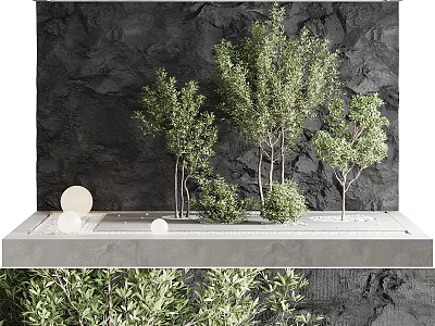 Modern Garden Ornament Arrangement With Lush Green Trees Shrubs Dark Textured Wall And Concrete Platform 3d model