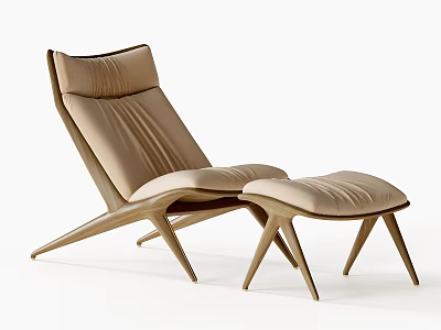 Beige Leather Lounge Chair With Matching Ottoman And Wooden Frame Modern Design 3d model