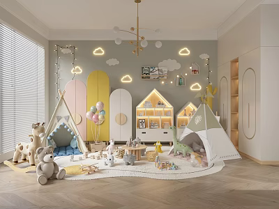 Cozy Kids Room Interior Design With Tents Stuffed Toys Cloud Decorations And House Shaped Bookshelf 3d model