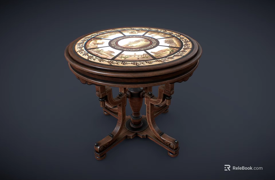 Round Wooden Dining Table with Intricate Inlaid Pattern and Carved Legs for Classic Home Interior 3d model 