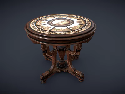 Round Wooden Dining Table with Intricate Inlaid Pattern and Carved Legs for Classic Home Interior 3d model