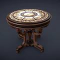 Round Wooden Dining Table with Intricate Inlaid Pattern and Carved Legs for Classic Home Interior