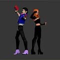 Game and Movie Characters in Action Pose With Blue Jacket Black Outfit and Red Weapons