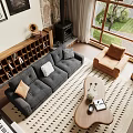 Elegant Grey Sofa Set With Decorative Cushions Bookshelf Stone Wall And Fireplace
