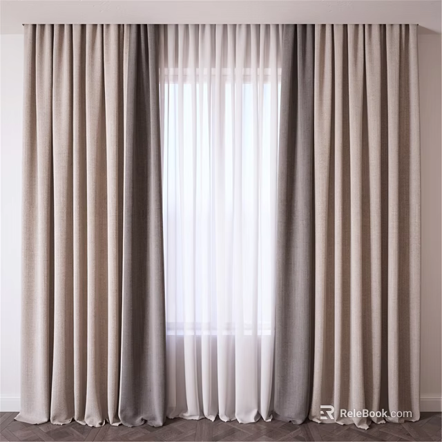 Beige Brown Double Layer Curtains With White Sheer And Natural Light Filtering 3d model 