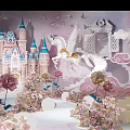 Fairy Tale Themed Banquet Hall with Pink Castle White Unicorn Pink Flowers and Cloud Decorations