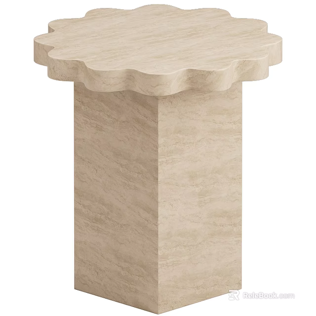 Modern Elegant Beige Side Table With Scalloped Top And Square Stone Base 3d model
