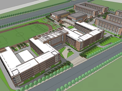 Multi Story Red Brick School Buildings With Football Field Green Lawns And Trees 3d model