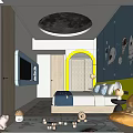 Hotel Guest Room With Astronaut Murals Moon Ceiling Light Blue Yellow Walls Kids Toys