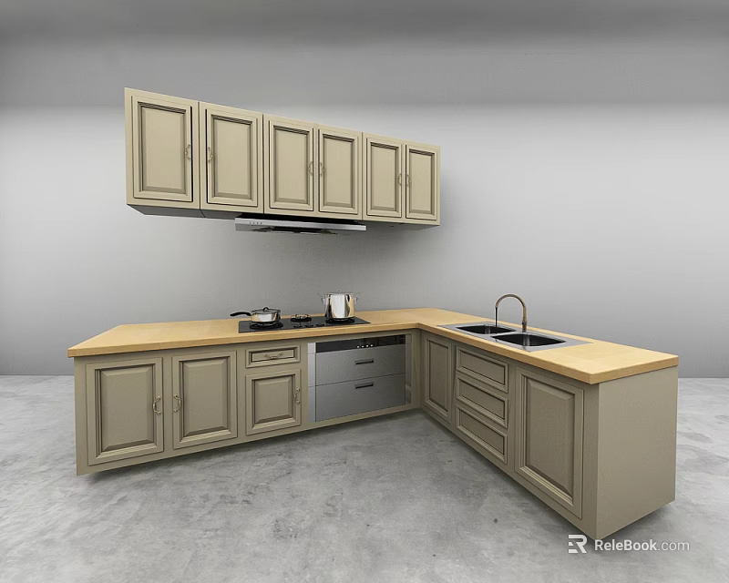 Beige Kitchen Cabinets With Upper Lower Units Wooden Countertop Sink And Stove 3d model 
