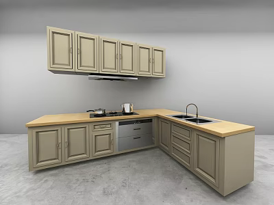 Beige Kitchen Cabinets With Upper Lower Units Wooden Countertop Sink And Stove 3d model