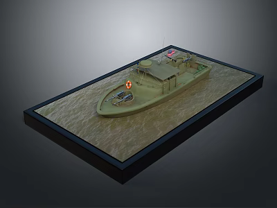 Detailed Scale Model Water Vessel with Lifebuoy and Cabin on Simulated Water Surface Black Base 3d model
