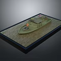 Detailed Scale Model Water Vessel with Lifebuoy and Cabin on Simulated Water Surface Black Base