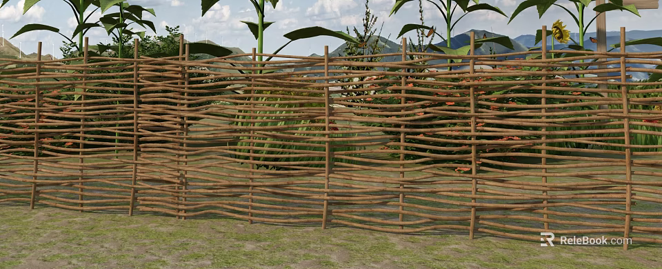 Wicker Fence With Wavy Woven Design Surrounded By Green Plants Grass And Mountain View 3d model 