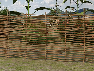 Wicker Fence With Wavy Woven Design Surrounded By Green Plants Grass And Mountain View 3d model