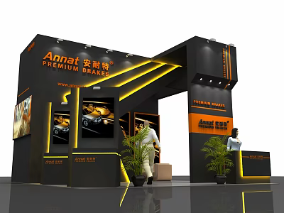 Anpot Exhibition Booth With Premium Quality Black Orange LED Strip Lights Car Display And Plants 3d model