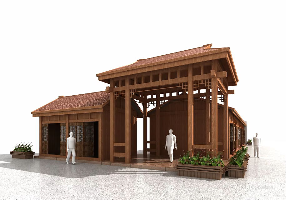 Traditional Commercial Street With People Around Wooden Structure Red Roof Open Porch And Plants 3d model 