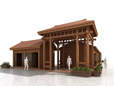 Traditional Commercial Street With People Around Wooden Structure Red Roof Open Porch And Plants 3d model