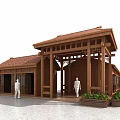 Traditional Commercial Street With People Around Wooden Structure Red Roof Open Porch And Plants