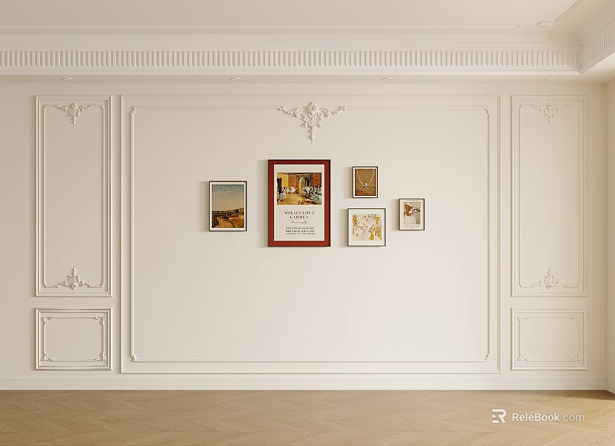 White Wall Interior With Decorative Molding And Framed Artworks And Herringbone Wooden Floor Design 3d model 
