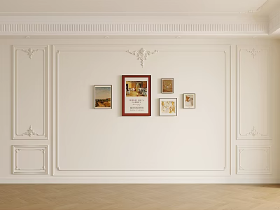 White Wall Interior With Decorative Molding And Framed Artworks And Herringbone Wooden Floor Design 3d model