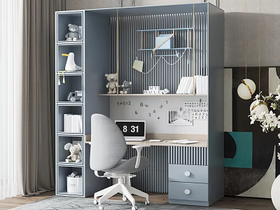Modern Home Office Desk with Multi-Tiered Bookshelf Grey Swivel Chair Decorative Items And Calendar 3d model