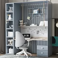 Modern Home Office Desk with Multi-Tiered Bookshelf Grey Swivel Chair Decorative Items And Calendar