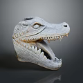 Lifelike Stone Crocodile Head Sculpture Displaying Open Mouth Sharp Teeth And Intricate Carvings