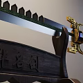 Ornate Sword with Spiked Blade Golden Hilt Dragon Pattern on Wooden Stand with Carved Characters