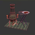 Black Stove With Green Plaid Mat Brown Gloves Blue Table White Plate And Red Food