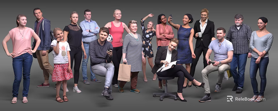 Group of Diverse People in Various Poses With Phones Shopping Bags and Books 3d model 