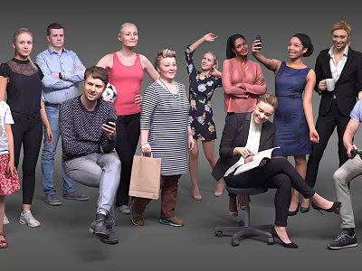 Group of Diverse People in Various Poses With Phones Shopping Bags and Books 3d model