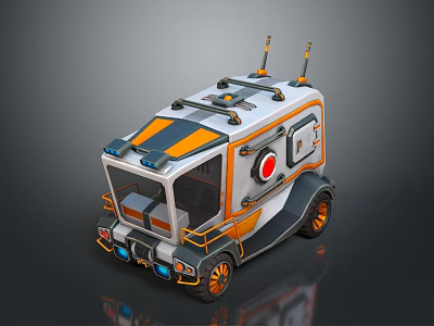 Futuristic Sci Fi Vehicle With Orange Gray Accents Top Antennas Round Windows And Unique Wheels 3d model