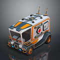 Futuristic Sci Fi Vehicle With Orange Gray Accents Top Antennas Round Windows And Unique Wheels