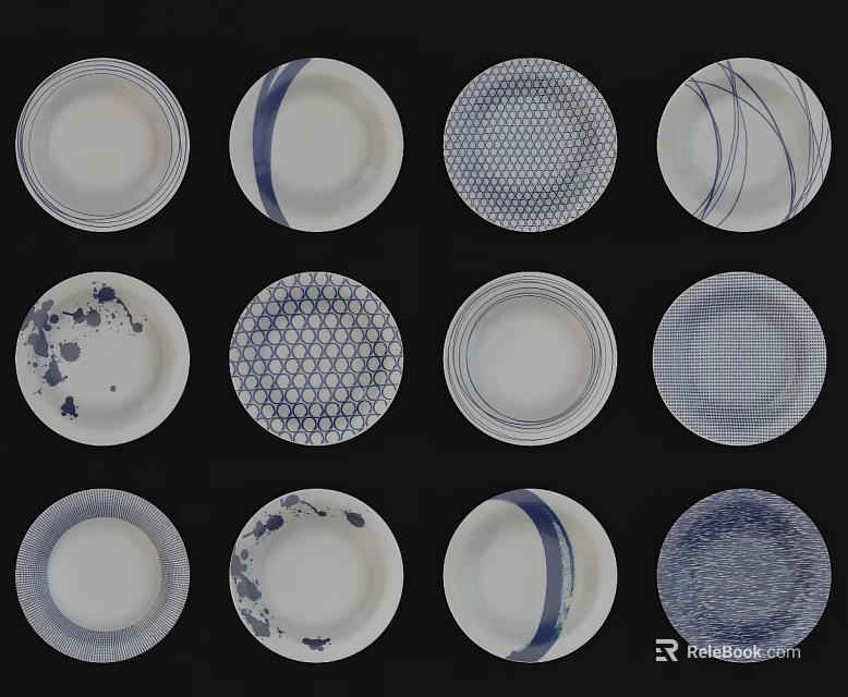 Stylish Blue and White Patterned Plates as Wall Decor with Various Designs 3d model