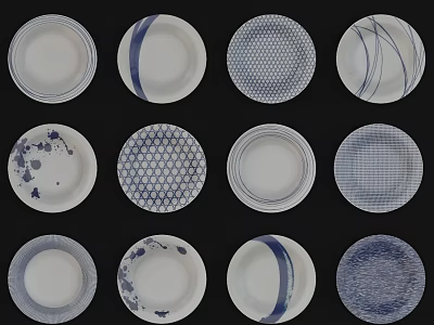 Stylish Blue and White Patterned Plates as Wall Decor with Various Designs 3d model