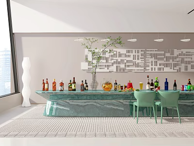 Modern Bar Interior With Green Chairs Various Bottles And Decorative Wall Panel 3d model