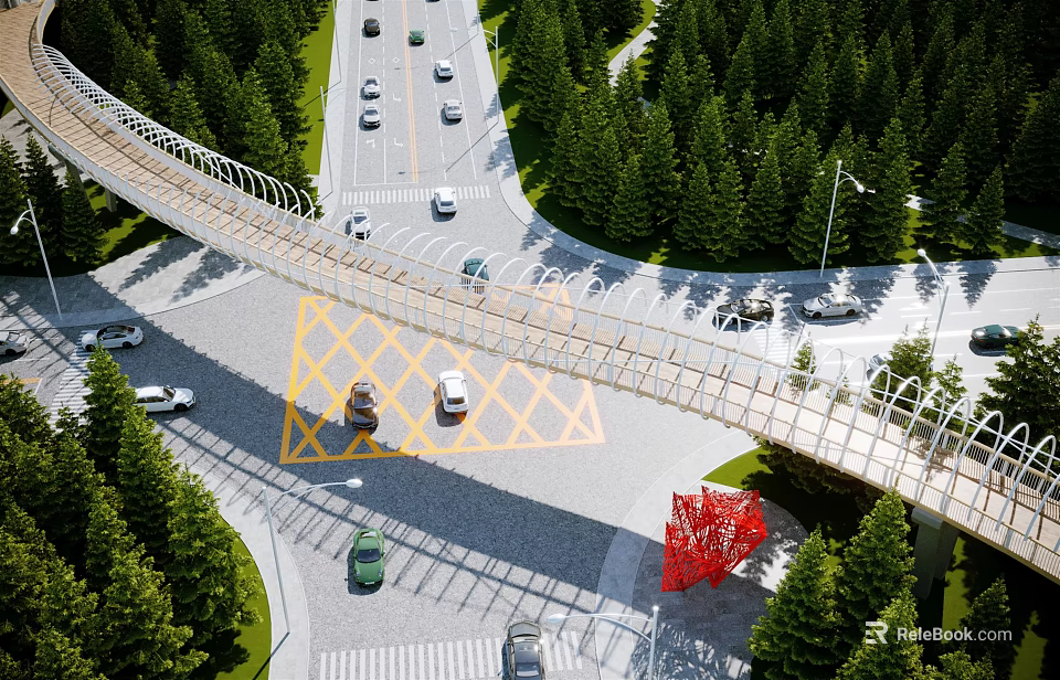 Modern Pedestrian Bridge Over Busy Highway With Green Trees Vehicles And Red Artwork 3d model 