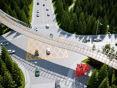 Modern Pedestrian Bridge Over Busy Highway With Green Trees Vehicles And Red Artwork 3d model