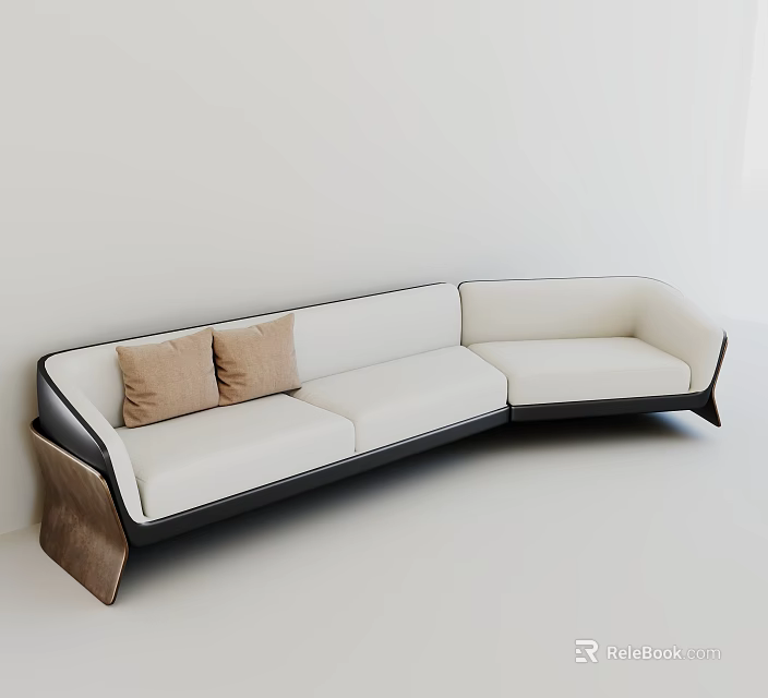 Modern Irregular Shaped Sofa With White Upholstery Black Frame And Brown Cushions 3d model 