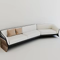 Modern Irregular Shaped Sofa With White Upholstery Black Frame And Brown Cushions