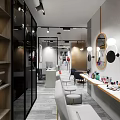 Elegant Lifestyle Studio Interior With Display Posters Tables Mirrors And Marble Floor