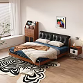Double Bed With Black Leather Headboard Wooden Frame Blue Bedding And Colorful Abstract Wall Art