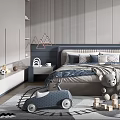 Modern Kids Room Interior With Bed Desk Chair Stuffed Toys Toy Car Rug And Lighting