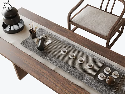 Traditional Chinese Tea Set on Wooden Table with Tea Stove Tea Tray Teacups and Teapot 3d model